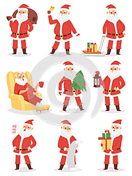 Christmas Santa Claus vector character poses illustration Xmas man in red traditional costume and Santa hat