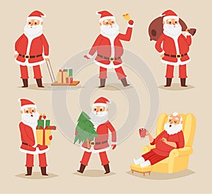 Christmas Santa Claus vector character poses illustration Xmas man in red traditional costume and Santa hat