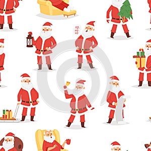 Christmas Santa Claus vector character poses illustration Xmas man in red traditional costume and Santa hat seamless