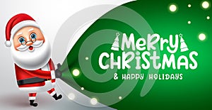 Christmas santa claus vector design. Merry christmas greeting text with santa claus character pulling red sack for xmas holiday.