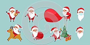 Christmas Santa Claus vector set. Cute cartoon winter holiday characters in various situation on reindeer, jumping near
