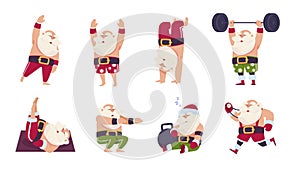 Christmas Santa exercises. Cartoon character doing activities at gym. Grandpa exercising with dumbbells and barbell. New