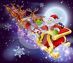 Christmas Santa flying in his sled or sleigh