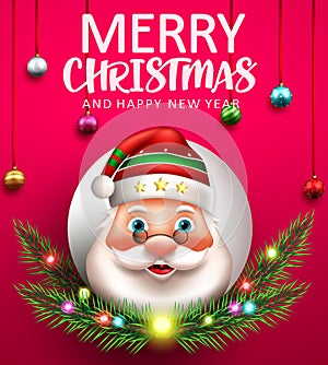 Christmas santa greeting vector design. Merry christmas text with friendly santa claus face and xmas ornaments decoration.