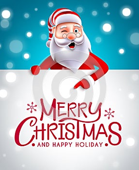 Christmas santa greeting vector template design. Merry christmas text in white message space with santa claus character peeking.