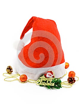 A christmas Santa hat with gift and toys on white