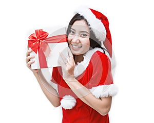 Christmas Santa hat isolated woman portrait hold Christmas gift box