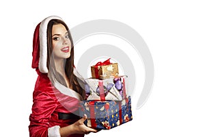 Christmas Santa hat woman portrait hold christmas gift.