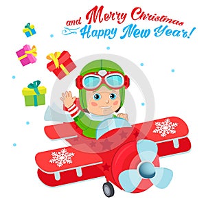 Christmas Santa Helper Boy Cartoon Character. Cute Boy Pilot Flies On A Airplane And Deliver Christmas Gifts.