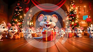 Christmas Santa Mouse Tree Gift Presents Party Cute Happy Animal Cartoon Card