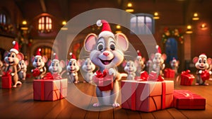 Christmas Santa Mouse Tree Gift Presents Party Cute Happy Animal Cartoon Card