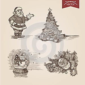 Christmas Santa New Year handdrawn engraving style template