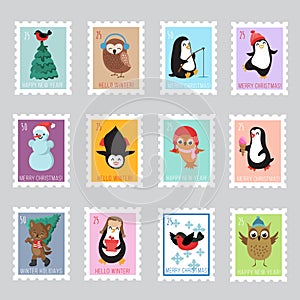 Christmas santa postage stamps for greeting card. Vector set