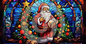 christmas, santa, presents, christmas tree in the style of stained glass, with neon colors on a white background