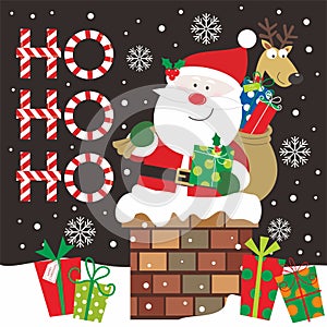 Christmas santa, reindeer, gifts on the chimney