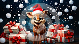 Christmas Santa Reindeer Snow Gifts Presents Adorable Cute Happy Baby Animal Cartoon Card