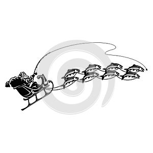 Christmas Santa in a sleigh - fishing emblem, fishing design Vector illustration can be used for web design, cards