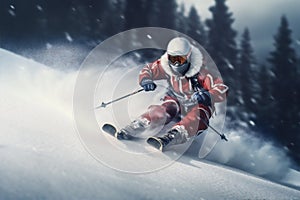 christmas santa snowboarder mountain holiday ski snow sport skier winter. Generative AI.