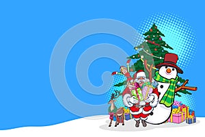Christmas Santa and snowman with elf and deer card template pop art comics