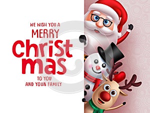 Christmas santa vector greeting template. Santa claus, snow man and reindeer characters holding merry christmas greeting text.