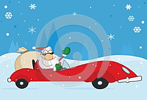 Christmas santa waving from his red sports car