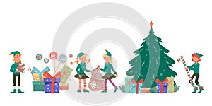 Christmas Santas Elves cute little boys and girls flat vector illustration