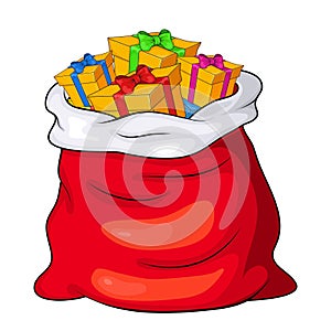 Christmas Santaâ€™s sack full of gift boxes and present packages. Claus red big bag, sackful for children. xmas presents with