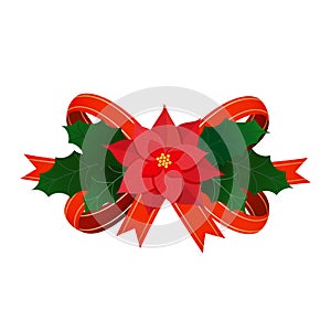 Christmas satin bow decoration with poinsettia flower and holly leaves. Vector christmas traditional design element