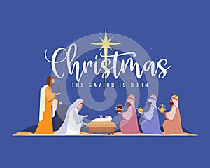 Christmas the savior is born banner with Nativity of Jesus scene and Three wise men on dark night with star on sky background