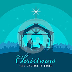 Christmas the savior is born banner sign with Nightly christmas scenery mary and joseph in a manger with baby Jesus vector design
