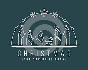Christmas ,the savior is born banner with white line Nativity of Jesus scene and Three wise men in the semicircle and snow sign