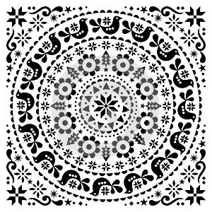 Christmas Scandinavian folk vector design mandala - winter round black and white festive pattern, Xmas greeting card with flowers,