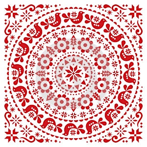 Christmas Scandinavian folk vector design mandala - winter round festive pattern, Xmas greeting card with flowers, birds and snowf