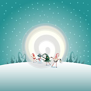 Christmas scandinavian gnomes and snowman on moonlight winter background