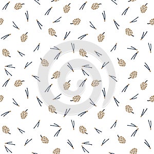 Christmas Scandinavian seamless pattern.Pine cones and pine tree needles isolated on white background. Nordic, Swedish