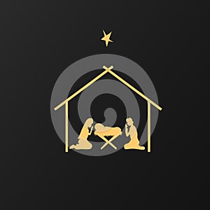 Christmas scene of baby Jesus in the manger, Mary and Joseph in silhouettes, Christian Christmas star with text Nativity of Christ
