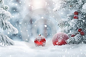 Christmas scene and the beauty of white snow with Christmas ornaments and trees covered in snow