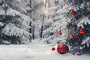 Christmas scene and the beauty of white snow with Christmas ornaments and trees covered in snow