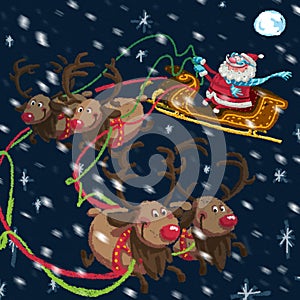 Christmas scene of cartoon Santa Claus with sleigh and reindeers