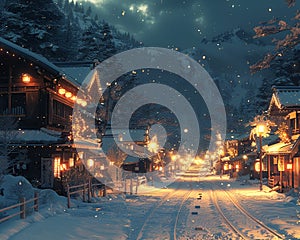Christmas scene in a cozy anime town filled with warmth
