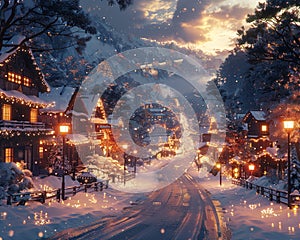 Christmas scene in a cozy anime town filled with warmth