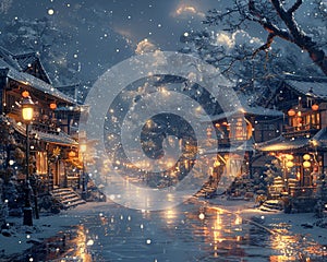 Christmas scene in a cozy anime town filled with warmth