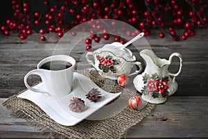 Christmas scene of cup of coffee with Christmas  decorations