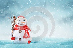 Christmas scene with a cute snowman. Free space for text on right side