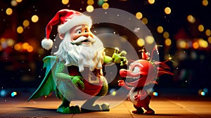 Christmas scene with dragon and santa clause talking to each other. Generative AI