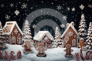 Christmas scene with gingerbread houses and candy canes