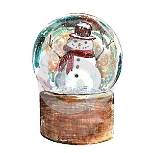 Christmas scene with glass snow globe with snowman. Winter Holiday hand drawn watercolor illustration