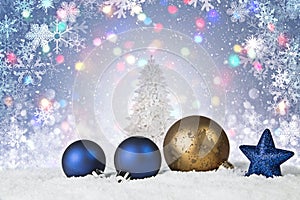 Christmas scene with gold and blue ornaments