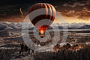 A christmas scene with hot air balloons in the sky