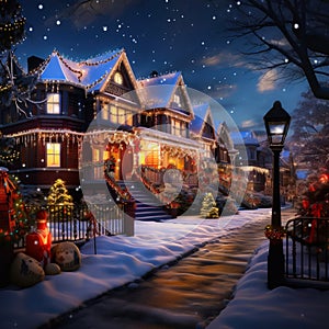 a christmas scene with a house and a christmas tree in the snow at night with lights on the porch